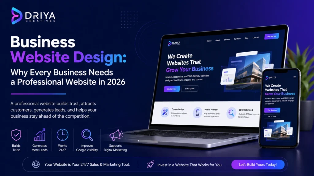 Professional business website design displayed on laptop and mobile screens, highlighting responsive web design, SEO-friendly features, lead generation, and digital marketing for business growth in 2026.